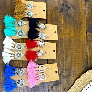 Silver dangle, colored tassel earrings